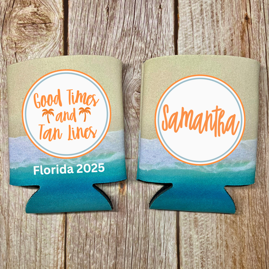 Custom Beach Pattern Can Coolers, Good Times And Tan Lines With Name Coolies