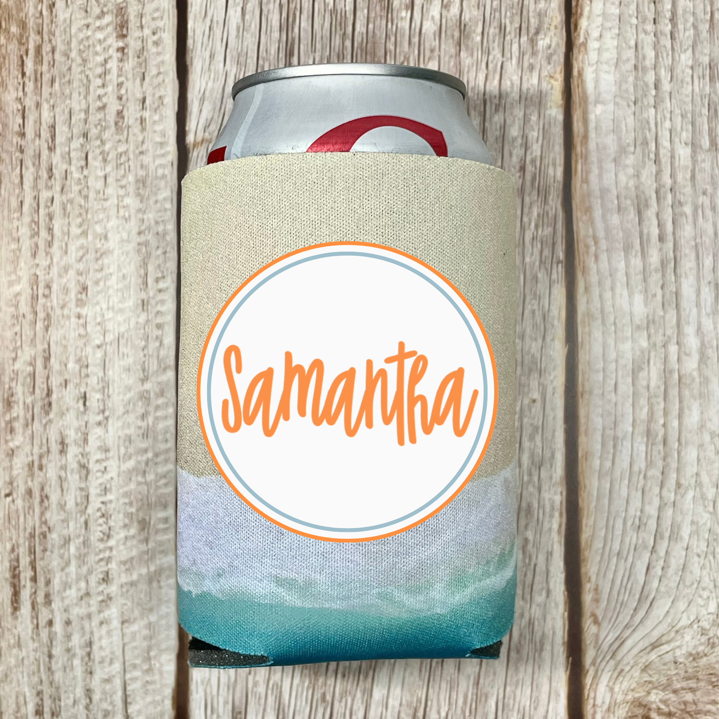Custom Beach Pattern Can Coolers, Good Times And Tan Lines With Name Coolies