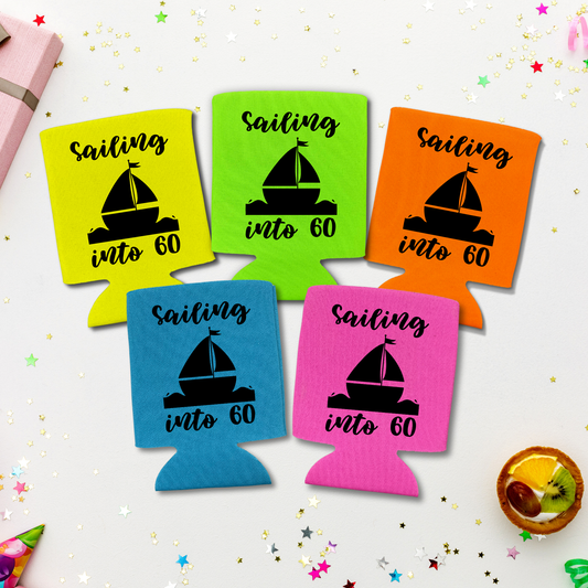 Custom Neon Birthday Can Cooler, Sailing Into 60 Coolies