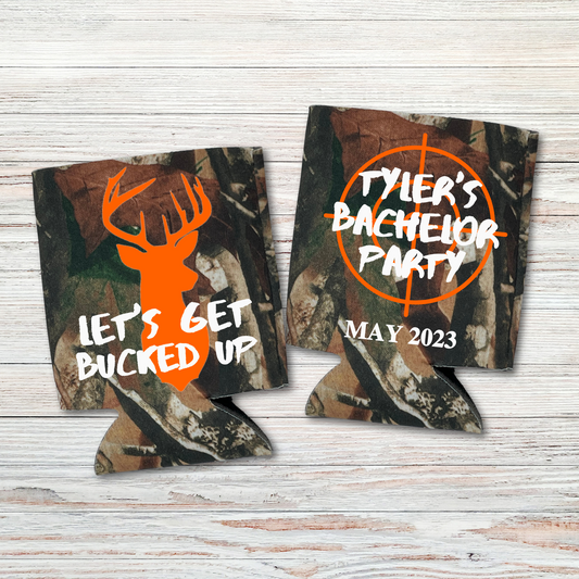 Custom Camouflage Bachelor Party Can Coolers, Let's Get Bucked Up Coolies