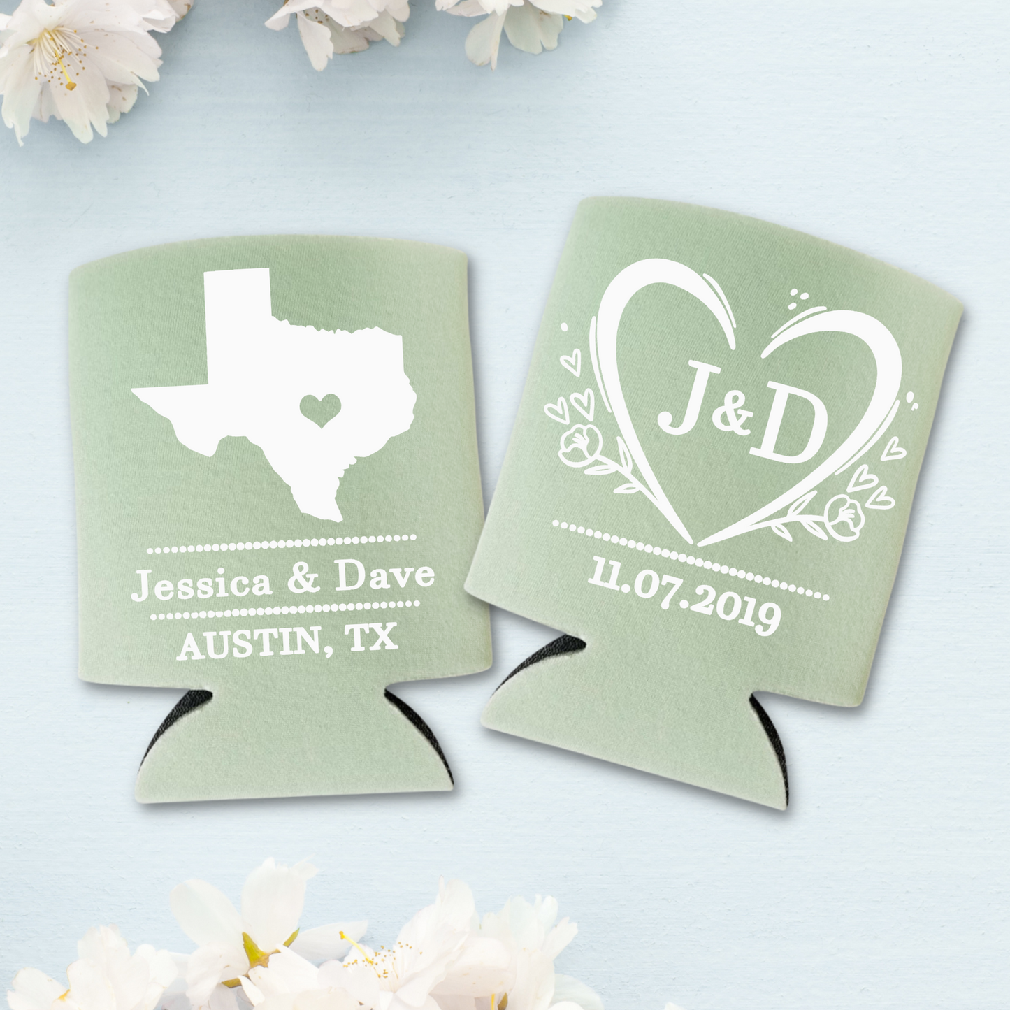 Custom Wedding Monogrammed Can Coolers, City and State Coolies