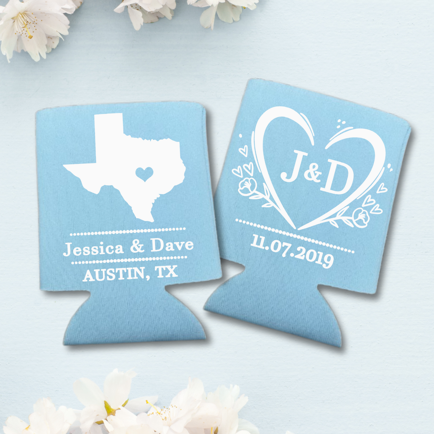 Custom Wedding Monogrammed Can Coolers, City and State Coolies