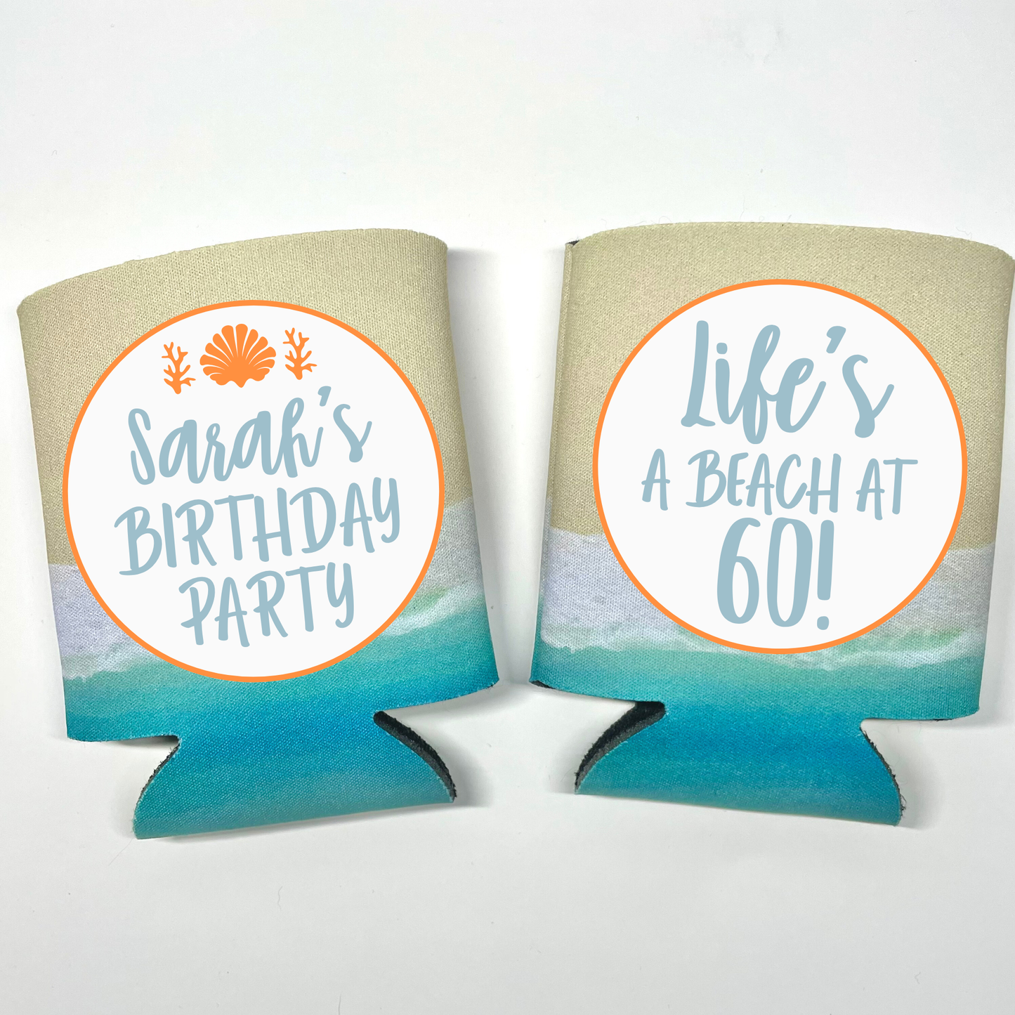 Custom Birthday Beach Pattern Can Coolers, Life's A Beach At 60! Coolies