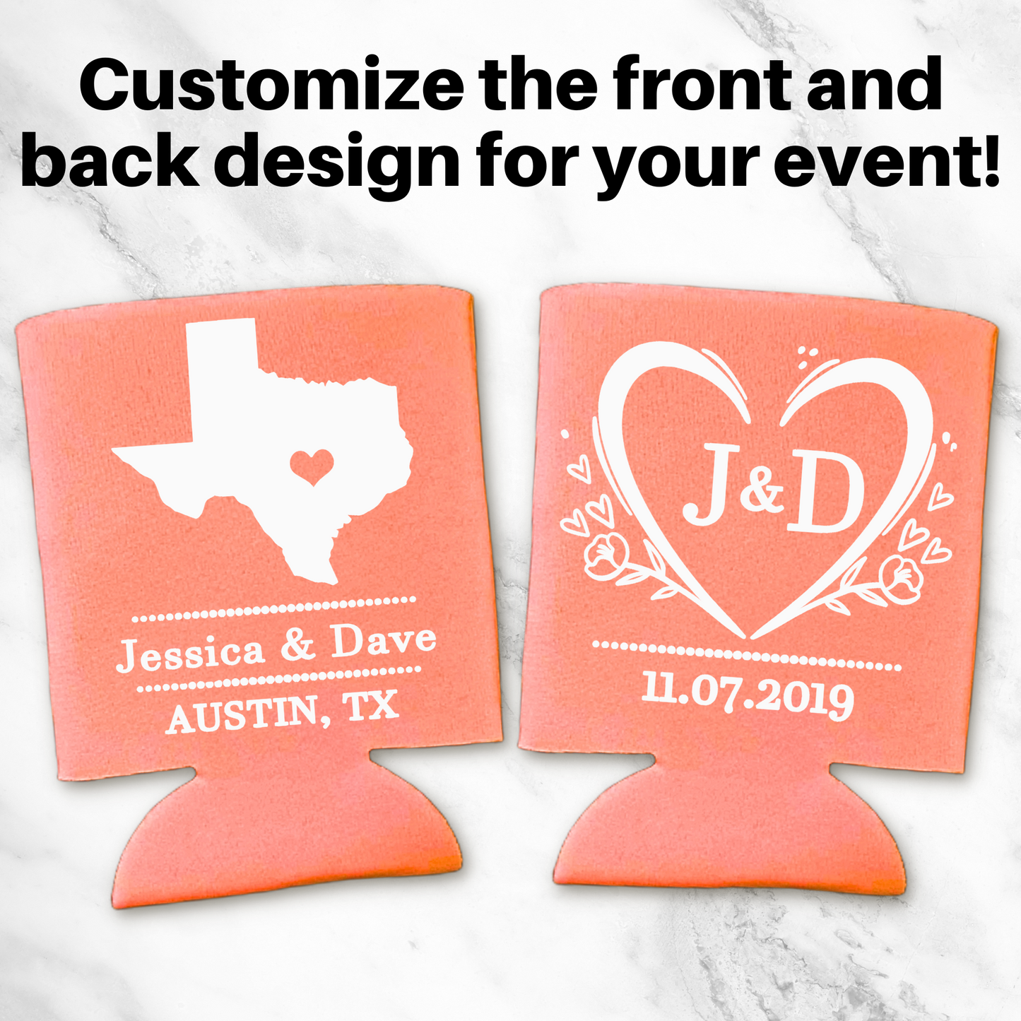 Custom Wedding Monogrammed Can Coolers, City and State Coolies