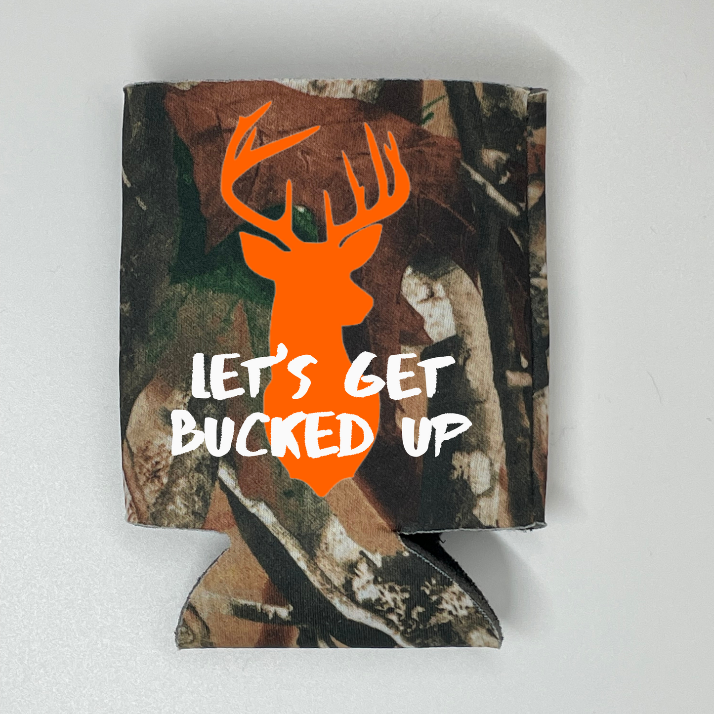 Custom Camouflage Bachelor Party Can Coolers, Let's Get Bucked Up Coolies
