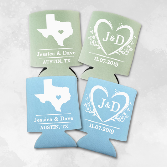 Custom Wedding Monogrammed Can Coolers, City and State Coolies
