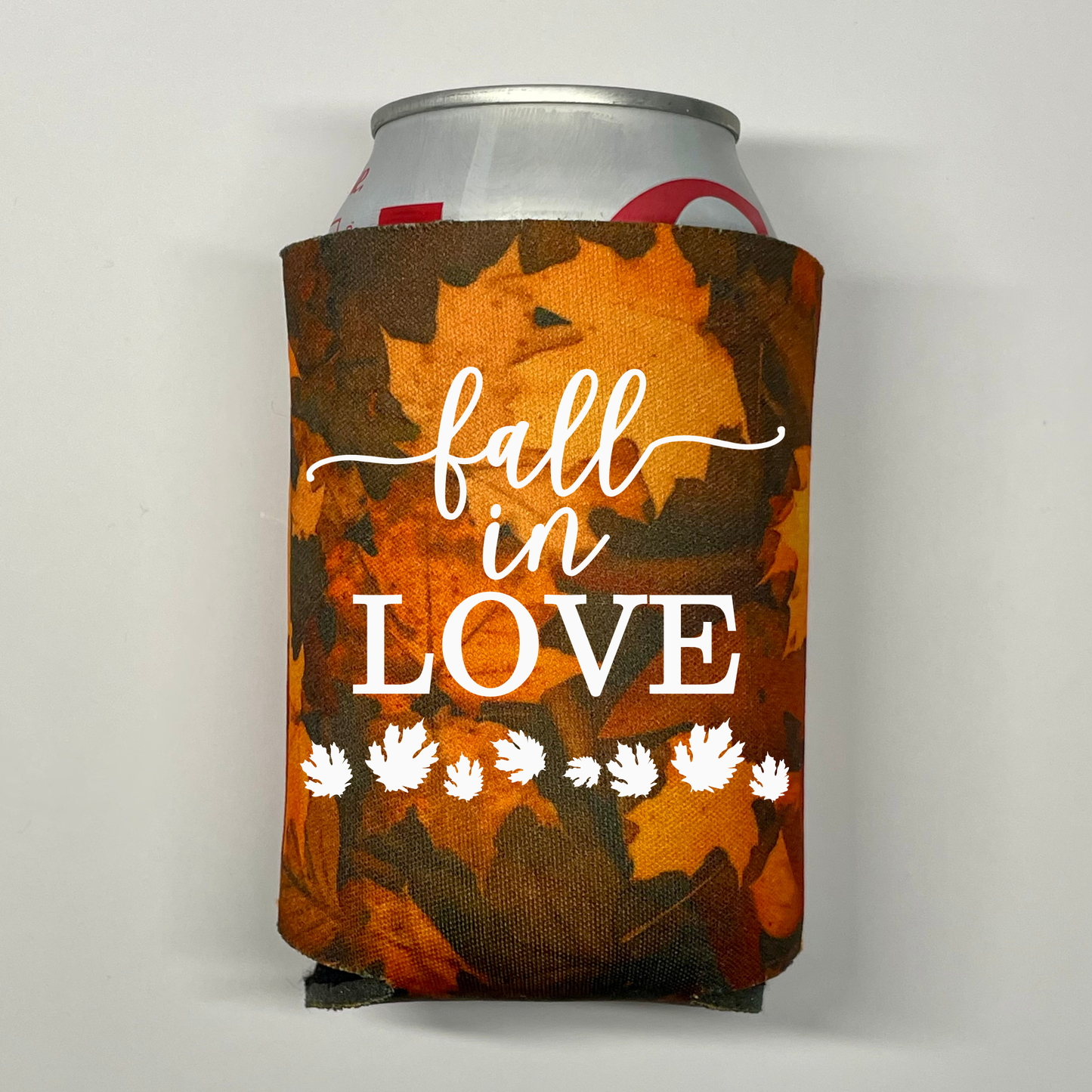 Custom Fall Leaves Pattern Wedding Can Coolers, Fall In Love Coolies