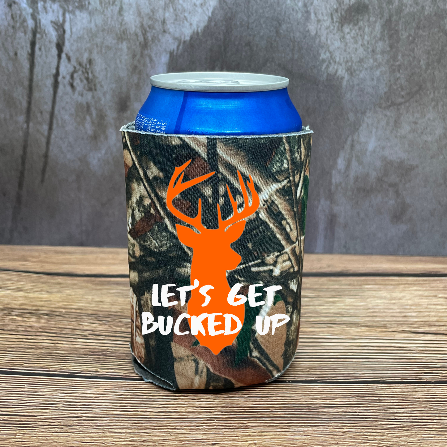 Custom Camouflage Bachelor Party Can Coolers, Let's Get Bucked Up Coolies