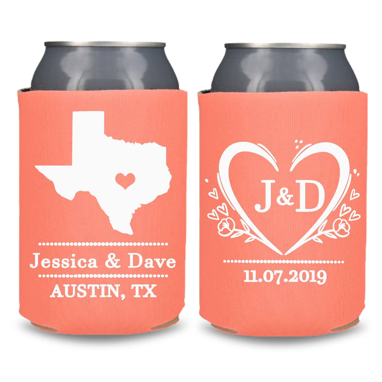 Custom Wedding Monogrammed Can Coolers, City and State Coolies