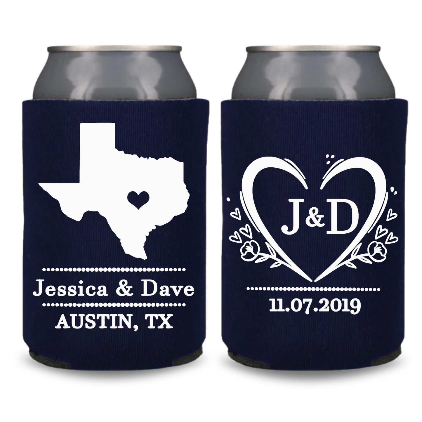 Custom Wedding Monogrammed Can Coolers, City and State Coolies