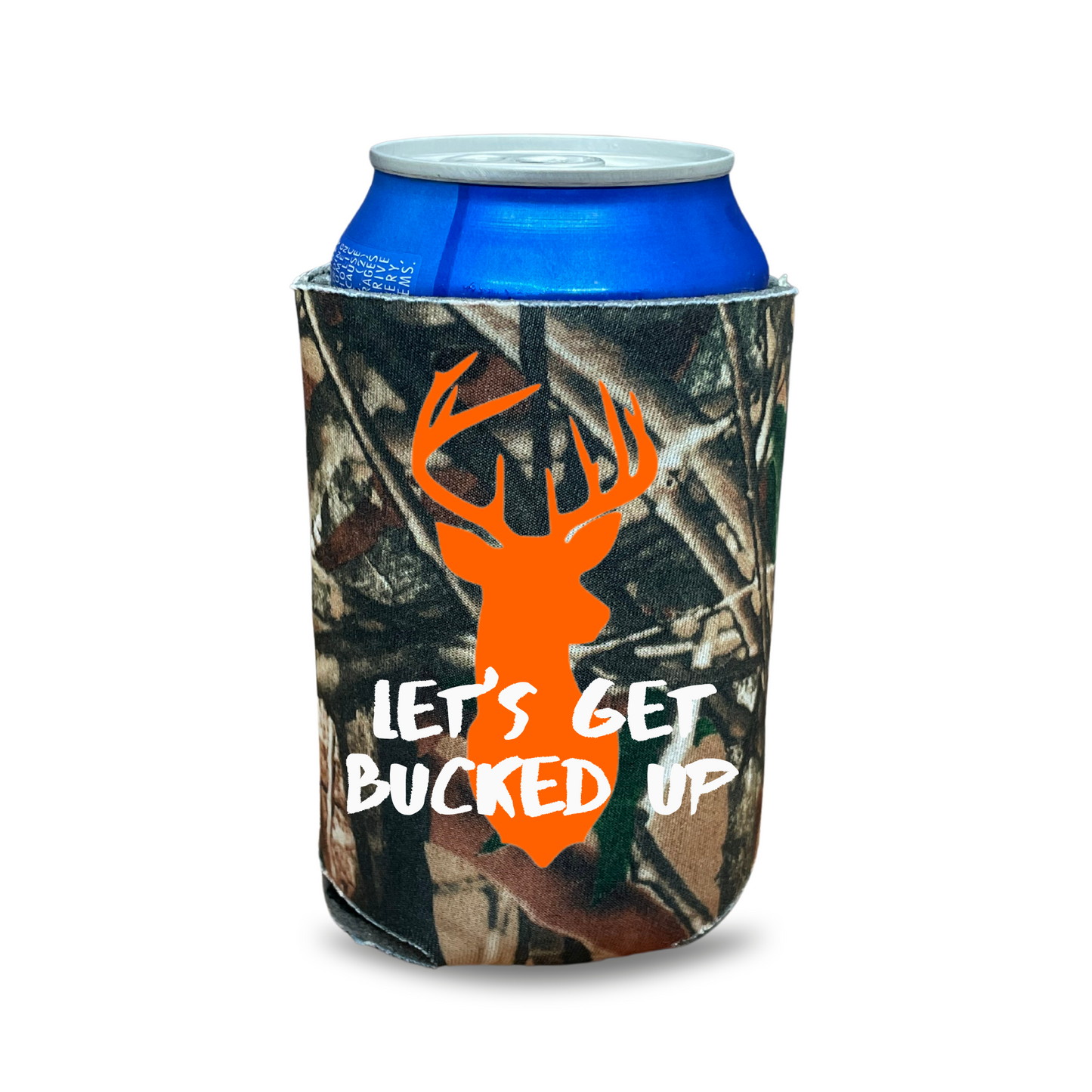 Custom Camouflage Bachelor Party Can Coolers, Let's Get Bucked Up Coolies