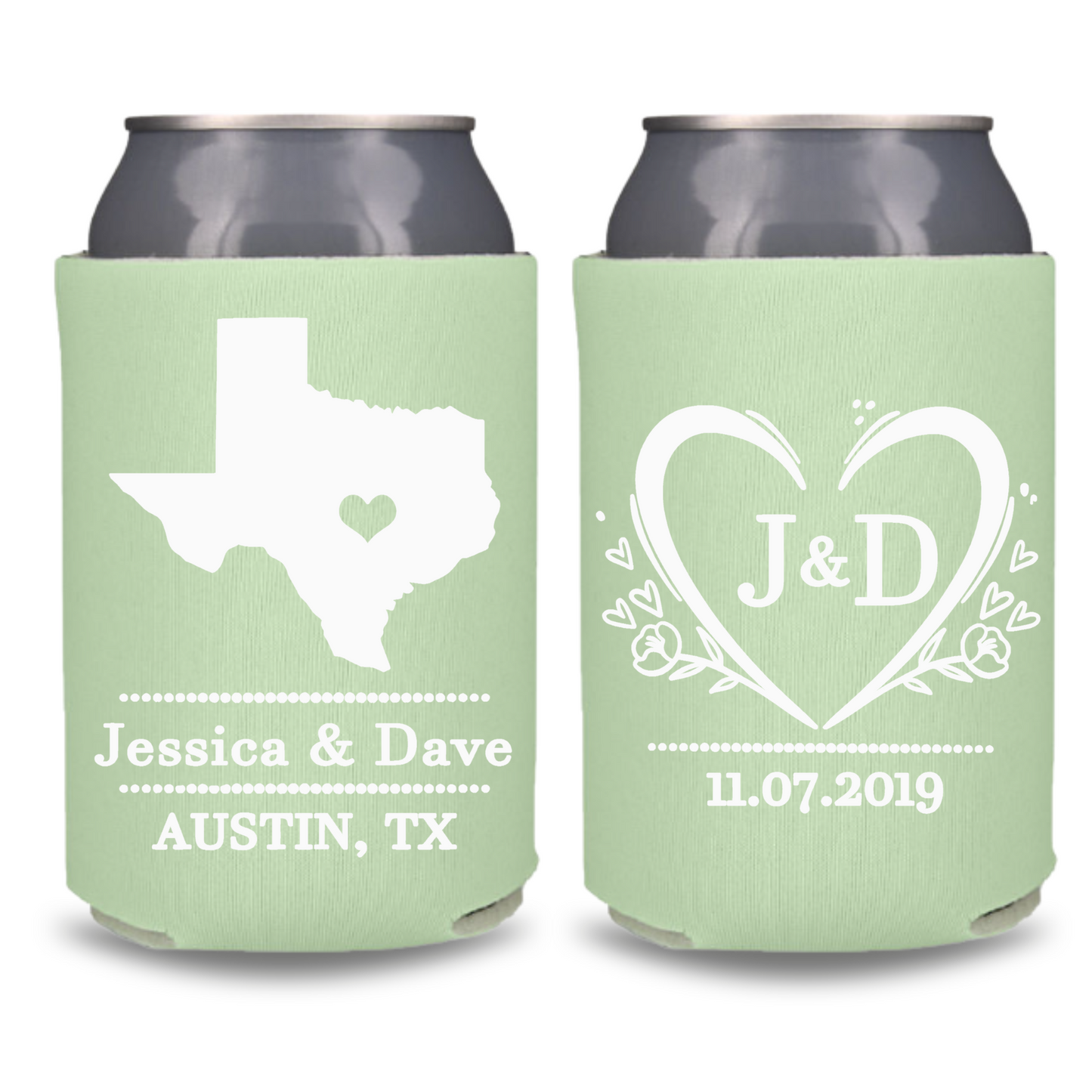 Custom Wedding Monogrammed Can Coolers, City and State Coolies