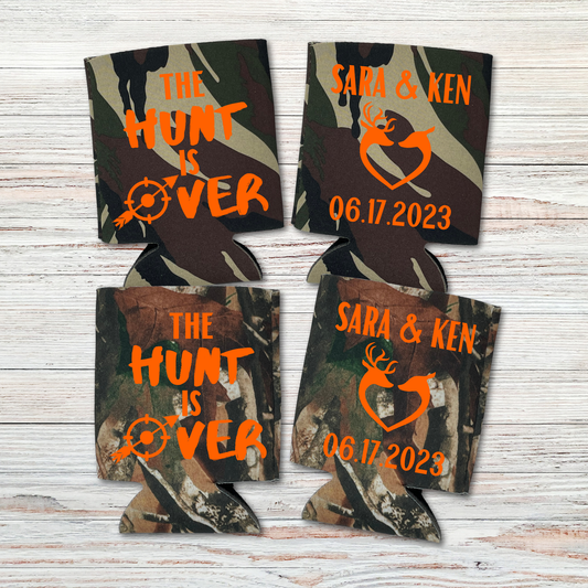 Custom Camouflage Wedding Beer Can Coolers, The Hunt Is Over Coolies
