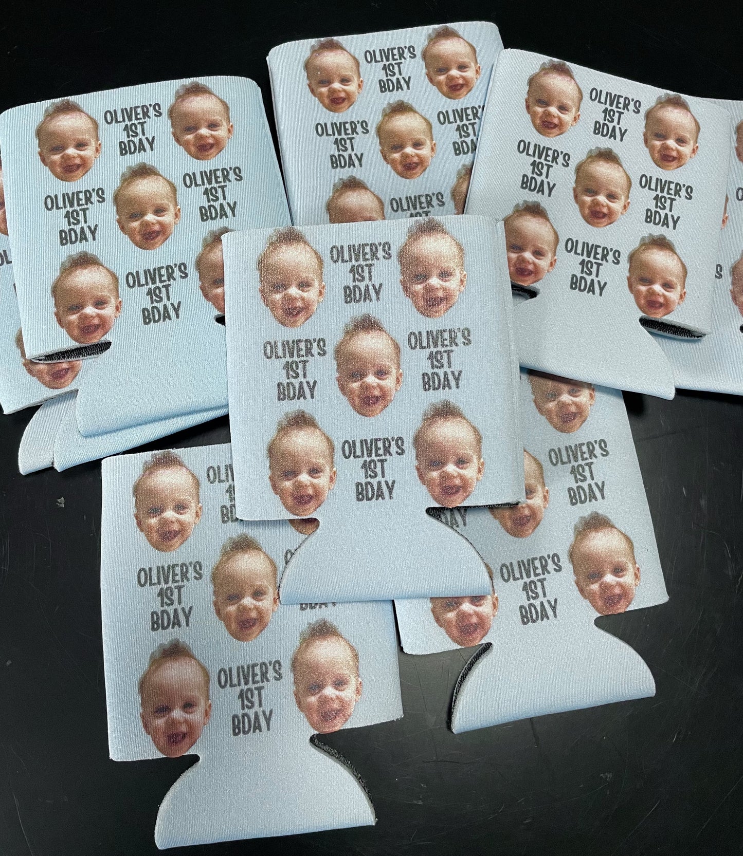 Custom First Birthday Can Coolers, Baby Boy or Baby Girl Face Photo Beer Coolies