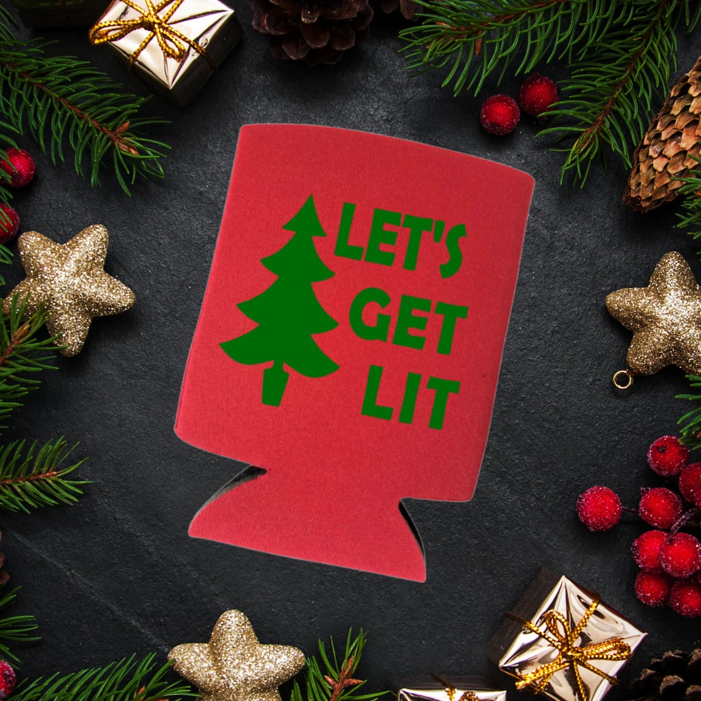Christmas Can Coolers, Let's Get Lit Beer Coolies