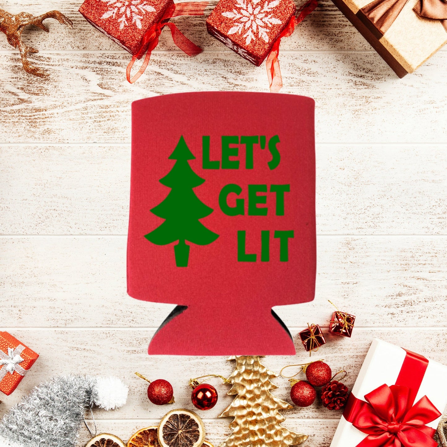 Christmas Can Coolers, Let's Get Lit Beer Coolies