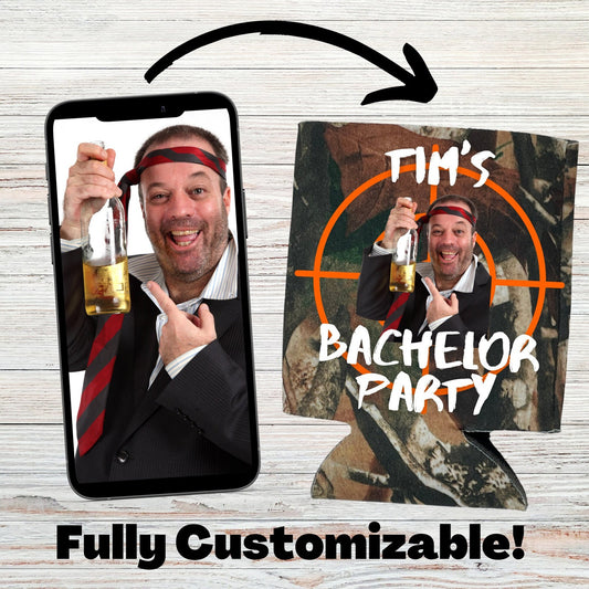 Custom Photo Camouflage Bachelor Party Can Coolers, Let's Get Bucked Up Coolies