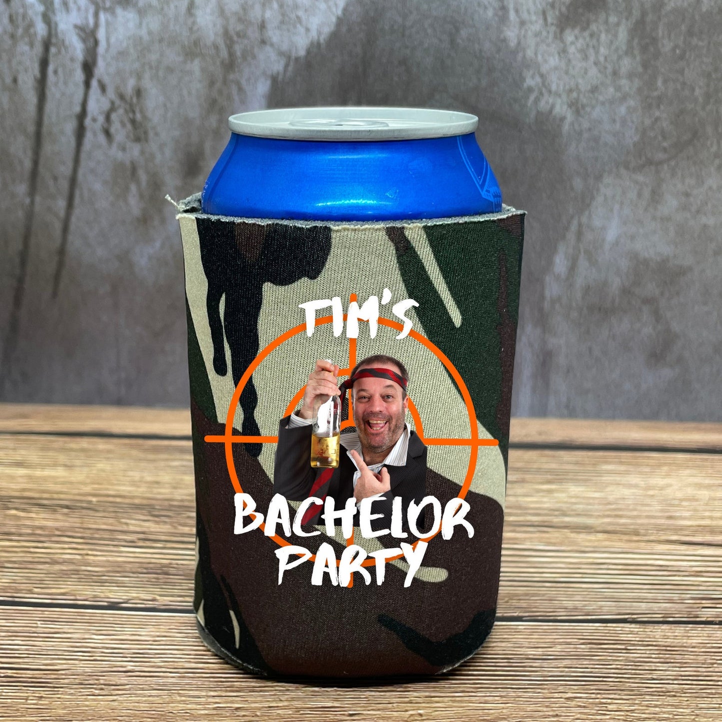 Custom Photo Camouflage Bachelor Party Can Coolers, Let's Get Bucked Up Coolies