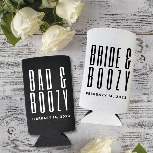 Custom Bachelorette Spiked Seltzer Coolers, Bad & Boozy and Bride & Boozy Skinny Coolies