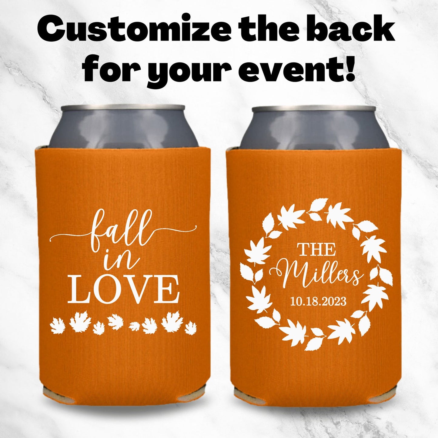Custom Fall Wedding Can Coolers, Fall In Love Coolies