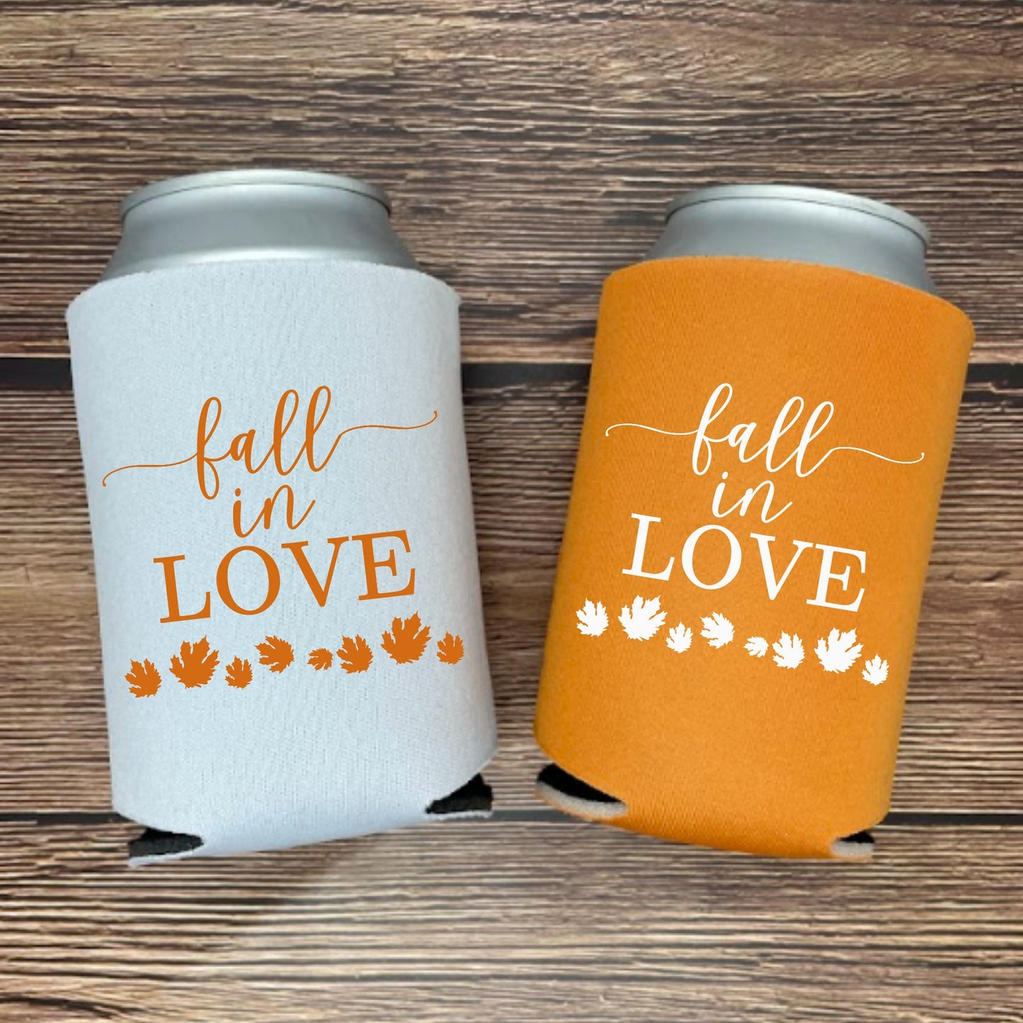 Custom Fall Wedding Can Coolers, Fall In Love Coolies