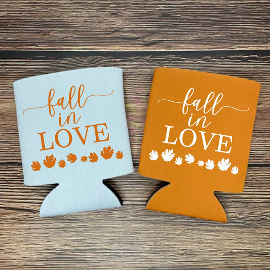 Custom Fall Wedding Can Coolers, Fall In Love Coolies