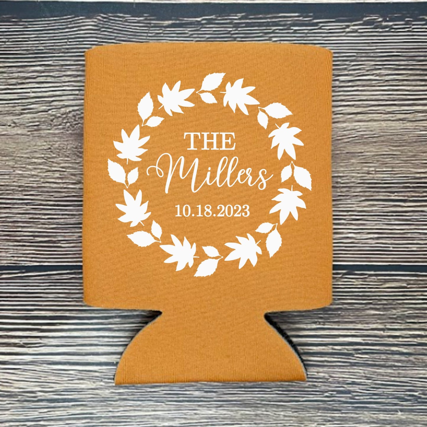 Custom Fall Wedding Can Coolers, Fall In Love Coolies