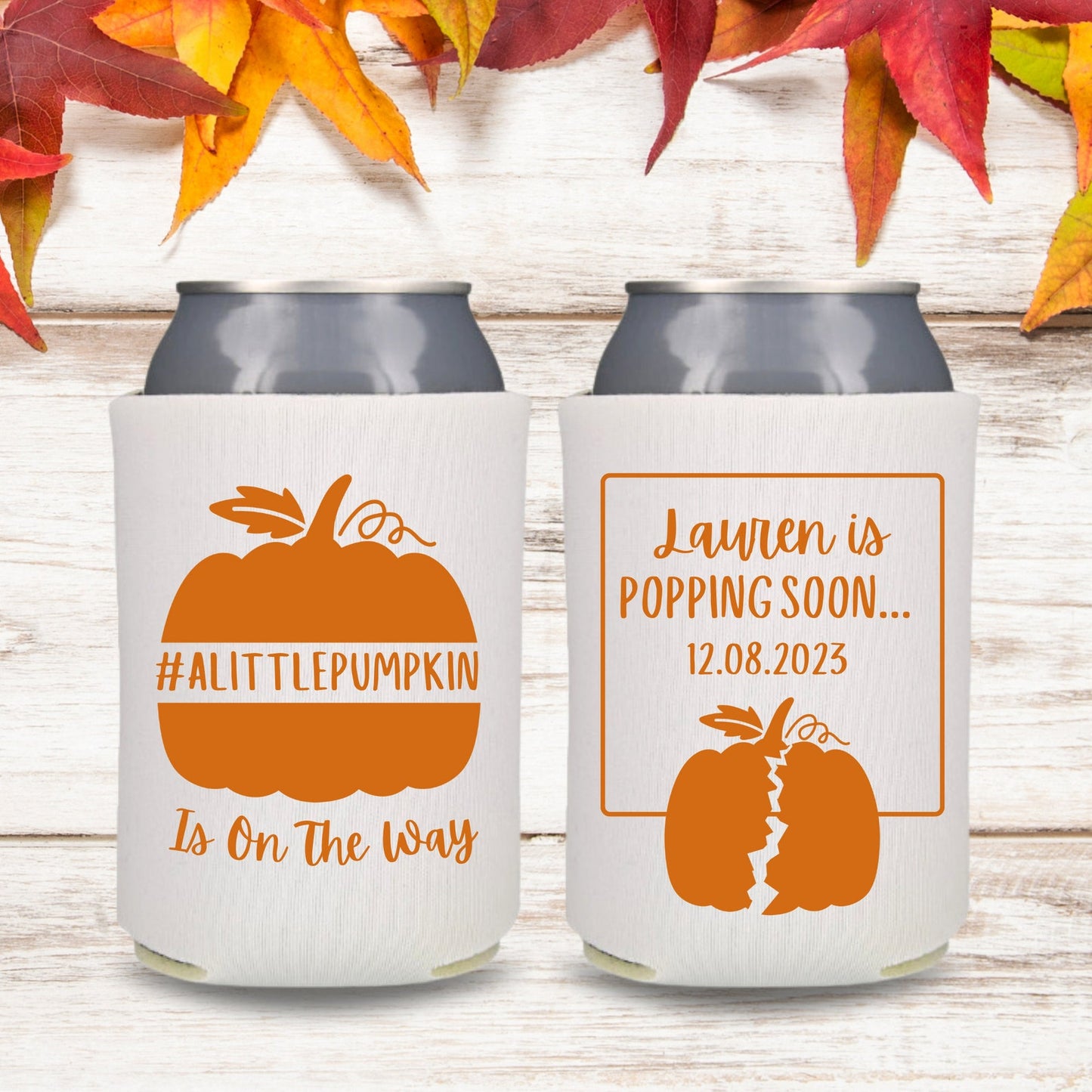 Custom Fall Theme Baby Shower Can Coolers, A Little Pumpkin Is On The Way Coolies