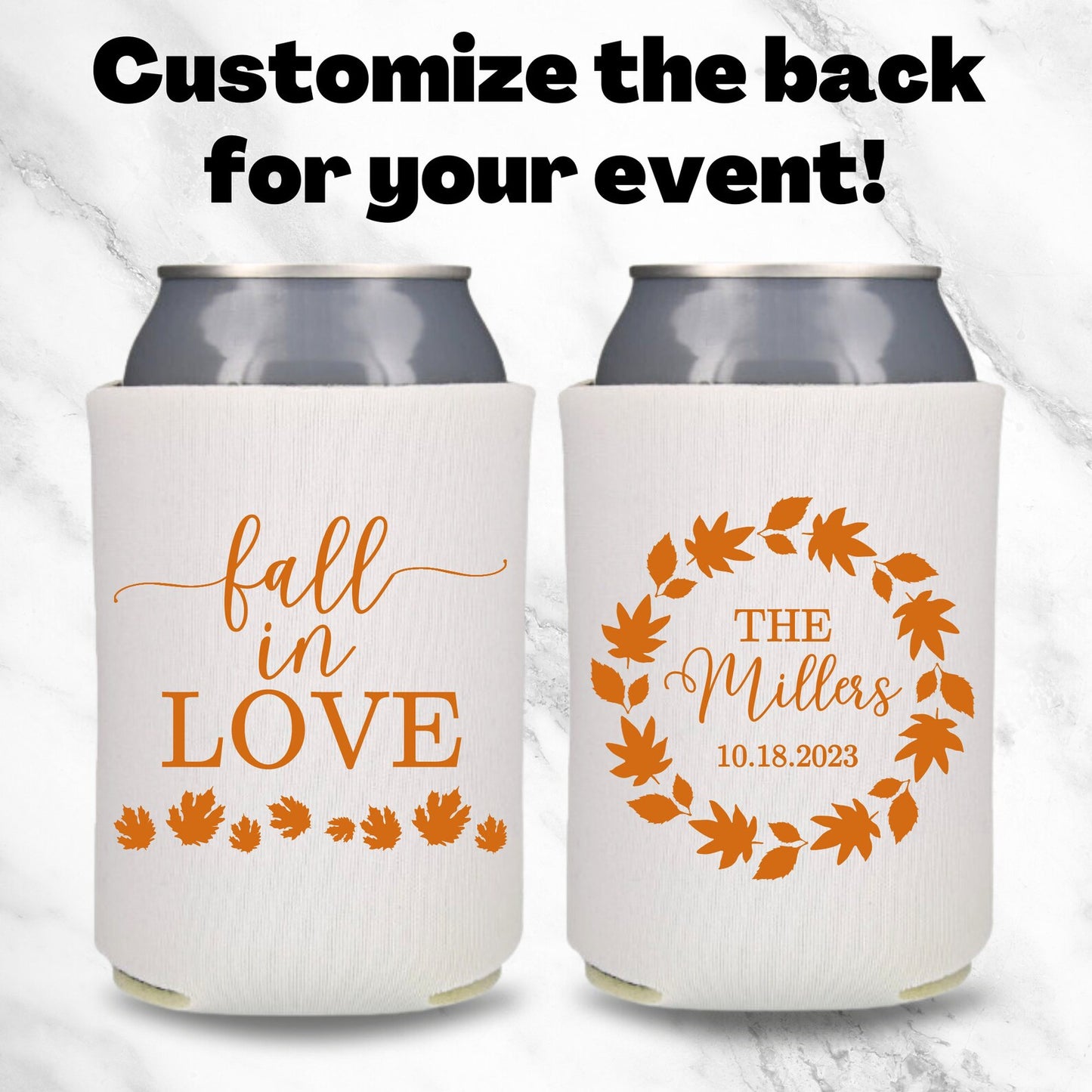 Custom Fall Wedding Can Coolers, Fall In Love Coolies
