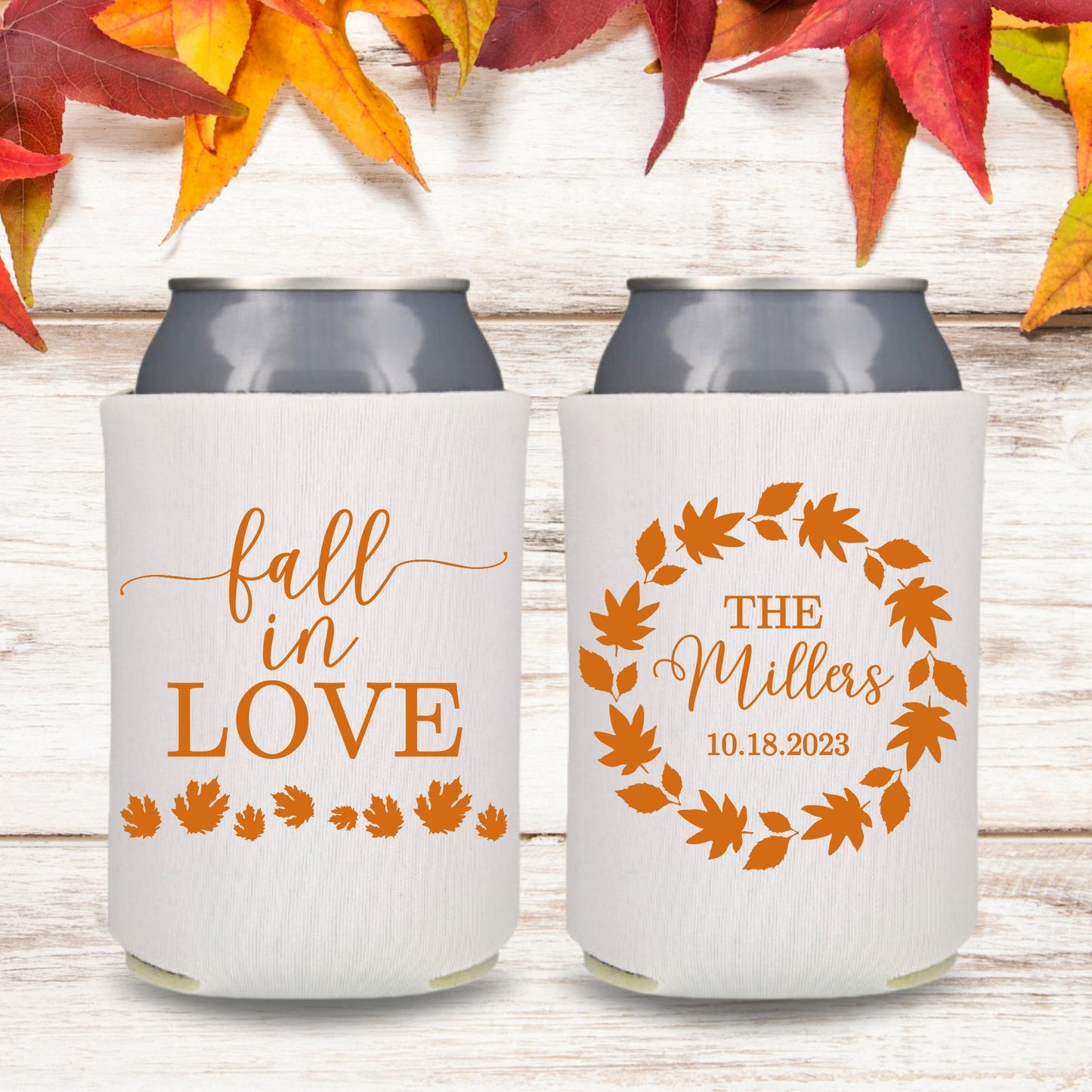 Custom Fall Wedding Can Coolers, Fall In Love Coolies