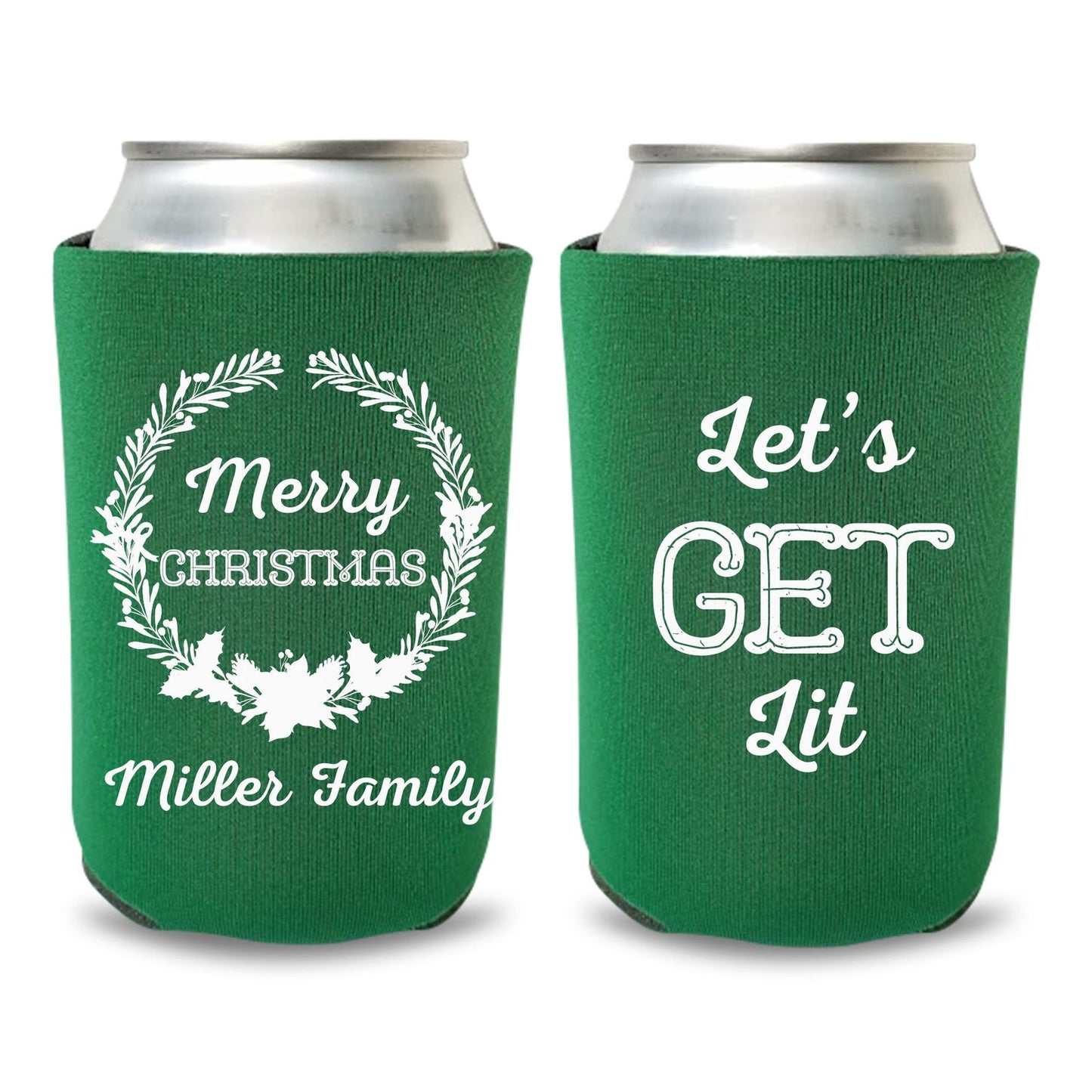 Custom Family Christmas Party Can Coolers, Let's Get Lit Beer Coolies
