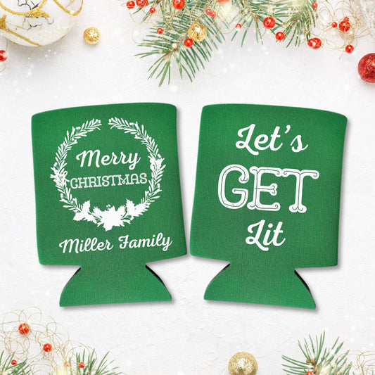 Custom Family Christmas Party Can Coolers, Let's Get Lit Beer Coolies