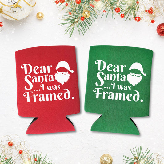 Christmas Can Coolers, Dear Santa I Was Framed Beer Coolies