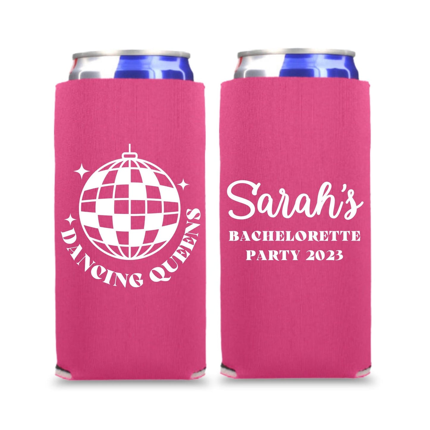 Custom Bachelorette Spiked Seltzer Coolers, Disco Bride and Dancing Queens Skinny Coolers