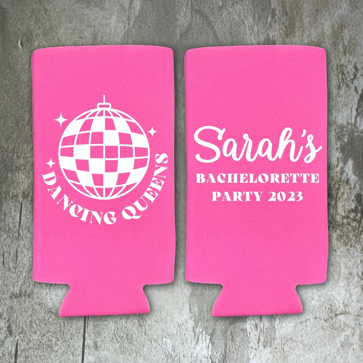 Custom Bachelorette Spiked Seltzer Coolers, Disco Bride and Dancing Queens Skinny Coolers