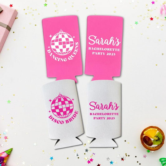 Custom Bachelorette Spiked Seltzer Coolers, Disco Bride and Dancing Queens Skinny Coolers