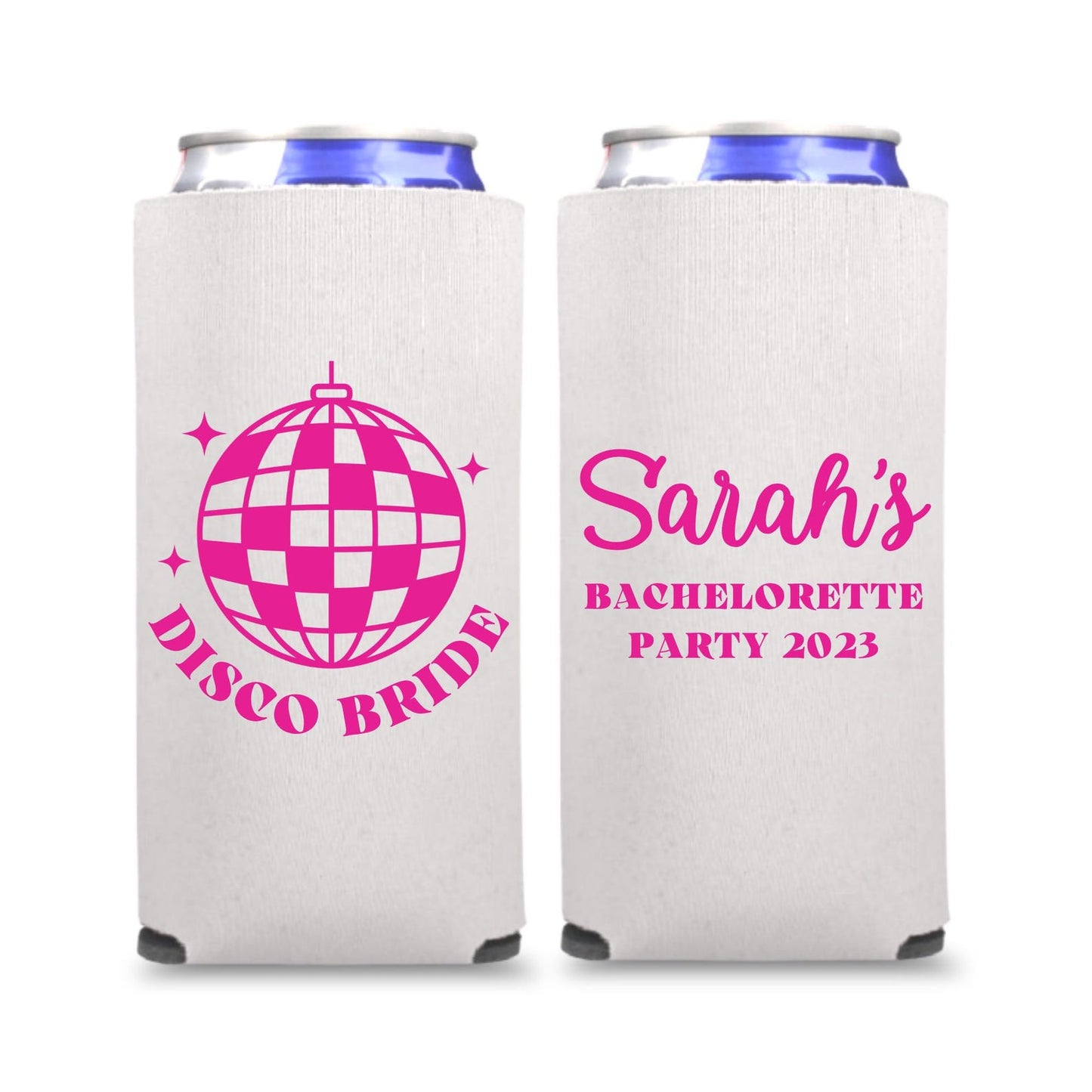 Custom Bachelorette Spiked Seltzer Coolers, Disco Bride and Dancing Queens Skinny Coolers