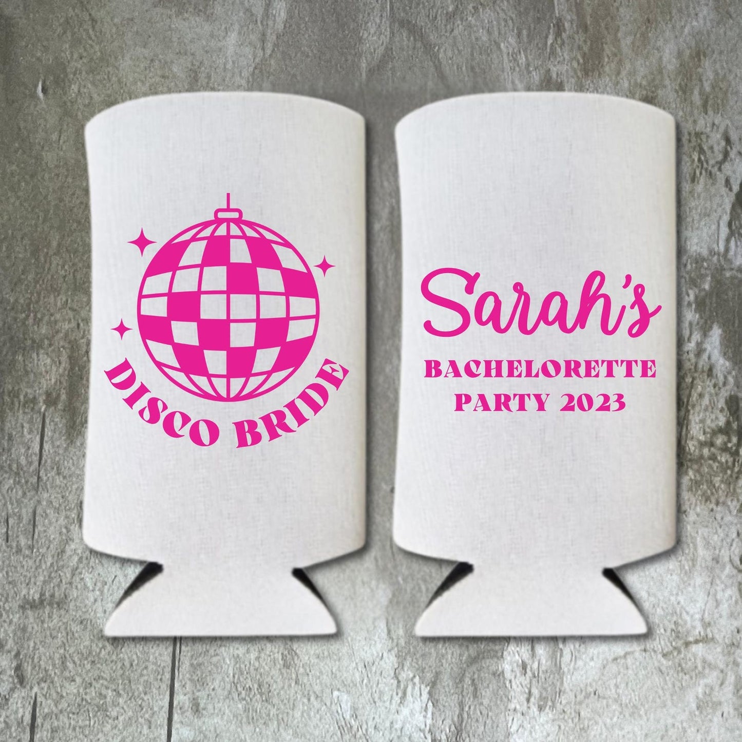 Custom Bachelorette Spiked Seltzer Coolers, Disco Bride and Dancing Queens Skinny Coolers