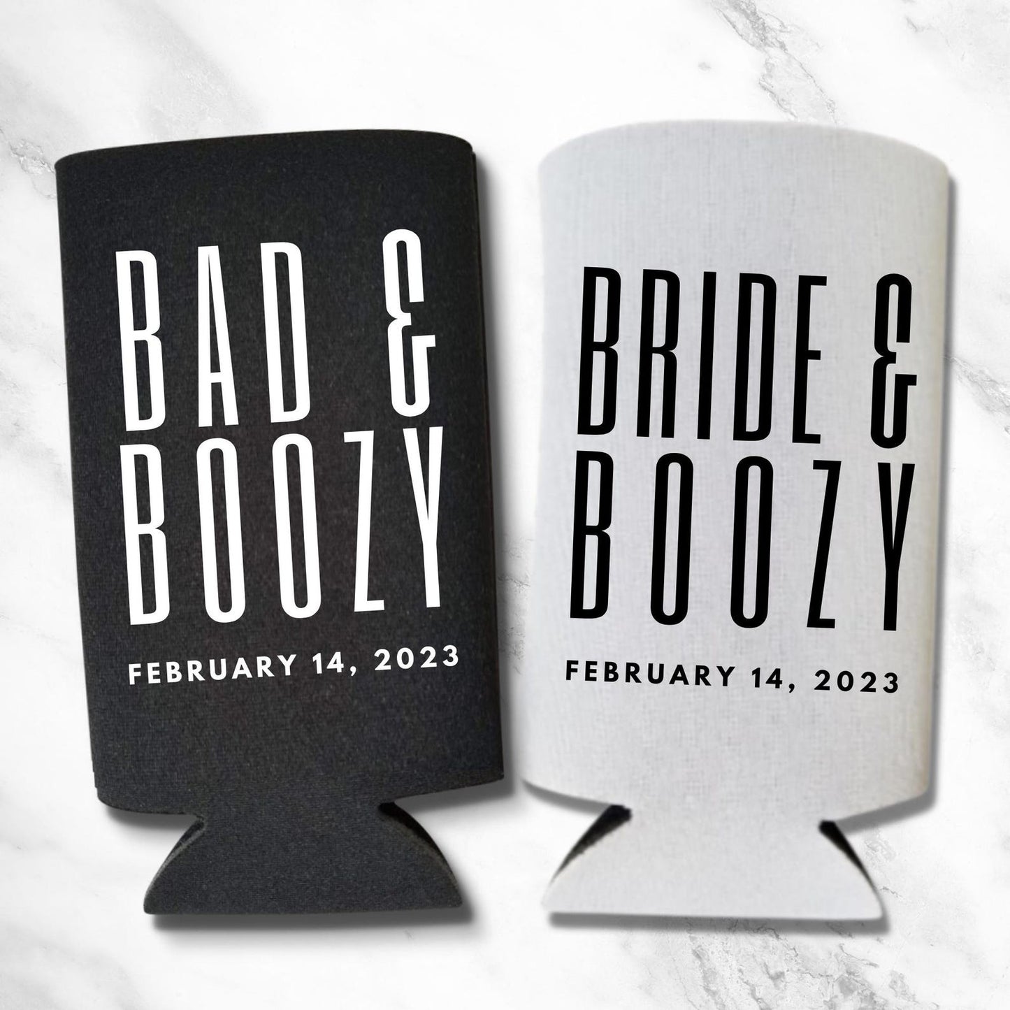 Custom Bachelorette Spiked Seltzer Coolers, Bad & Boozy and Bride & Boozy Skinny Coolies