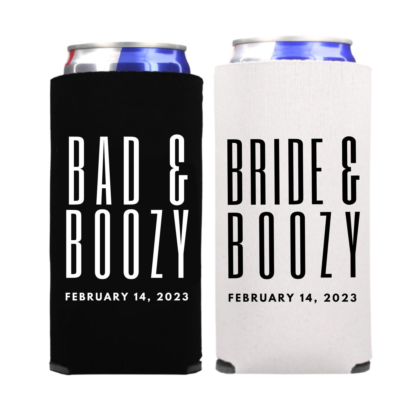 Custom Bachelorette Spiked Seltzer Coolers, Bad & Boozy and Bride & Boozy Skinny Coolies