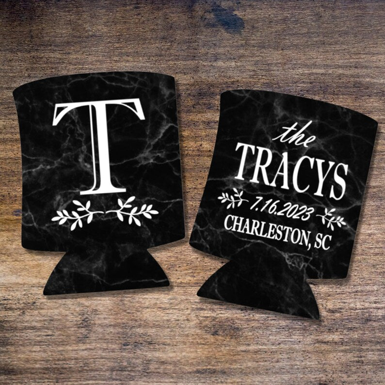 Personalized Black Marble Pattern Can Coolers, Wedding Monogrammed Coolies