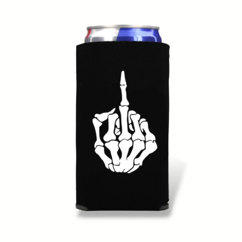 Funny Halloween Spiked Seltzer Coolers, Skeleton Middle Finger Skinny Coolies