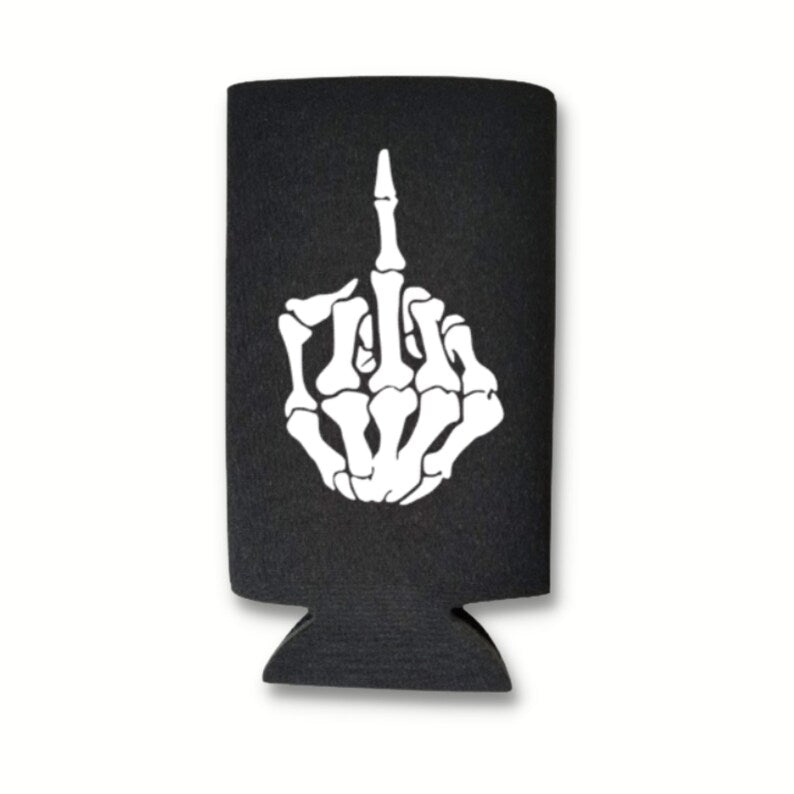 Funny Halloween Spiked Seltzer Coolers, Skeleton Middle Finger Skinny Coolies