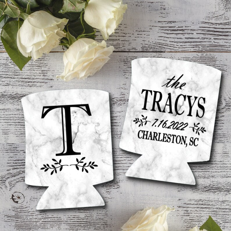 Personalized White Marble Pattern Can Coolers, Wedding Monogrammed Coolies