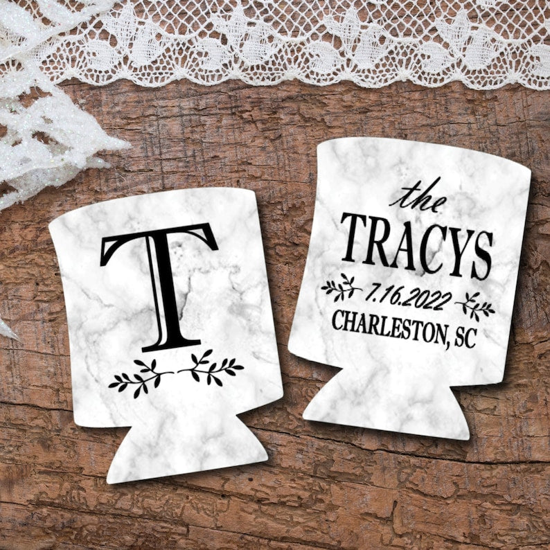 Personalized White Marble Pattern Can Coolers, Wedding Monogrammed Coolies