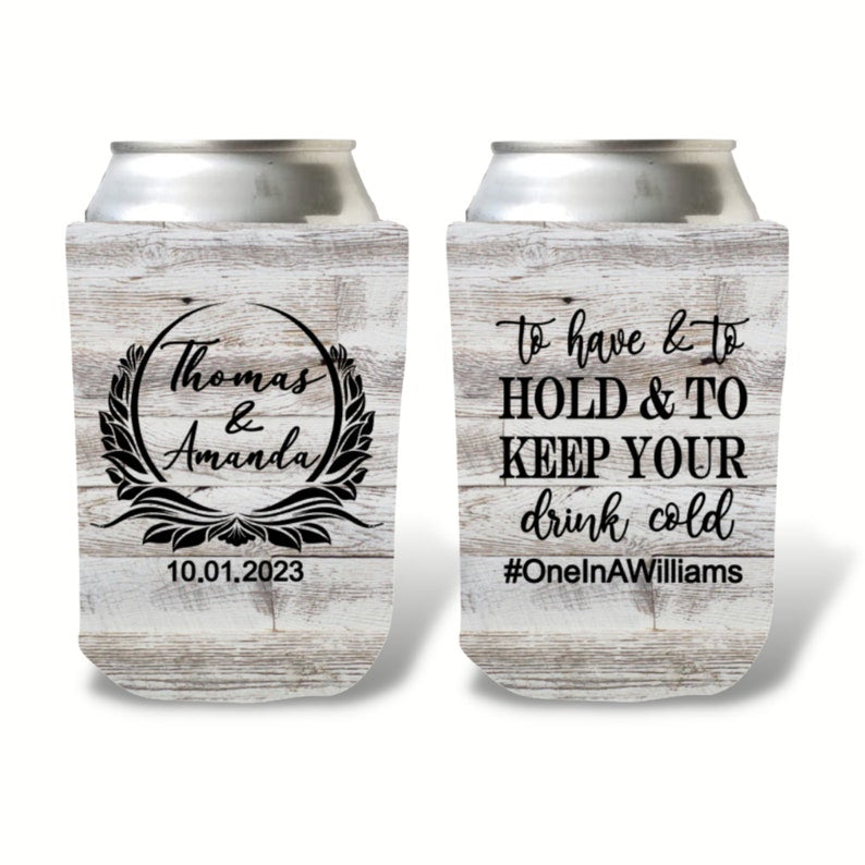 Custom Light Barnwood Can Coolers, Shiplap Personalized Wedding Coolies