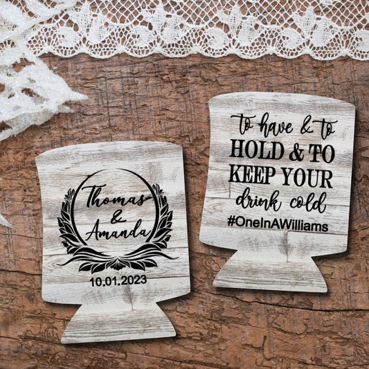 Custom Light Barnwood Can Coolers, Shiplap Personalized Wedding Coolies