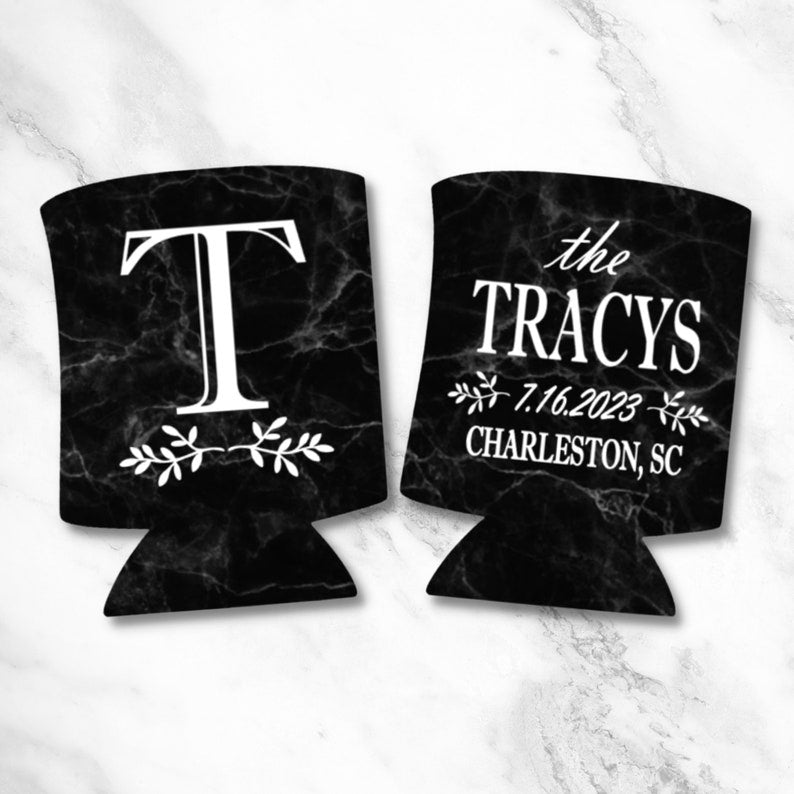 Personalized Black Marble Pattern Can Coolers, Wedding Monogrammed Coolies