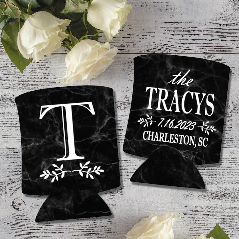 Personalized Black Marble Pattern Can Coolers, Wedding Monogrammed Coolies