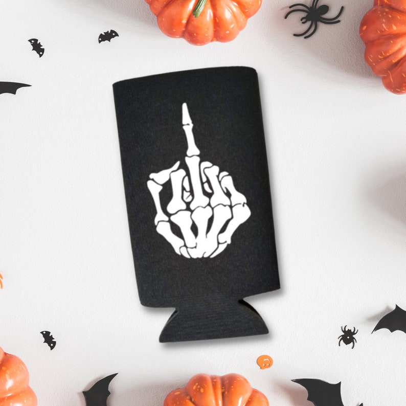 Funny Halloween Spiked Seltzer Coolers, Skeleton Middle Finger Skinny Coolies